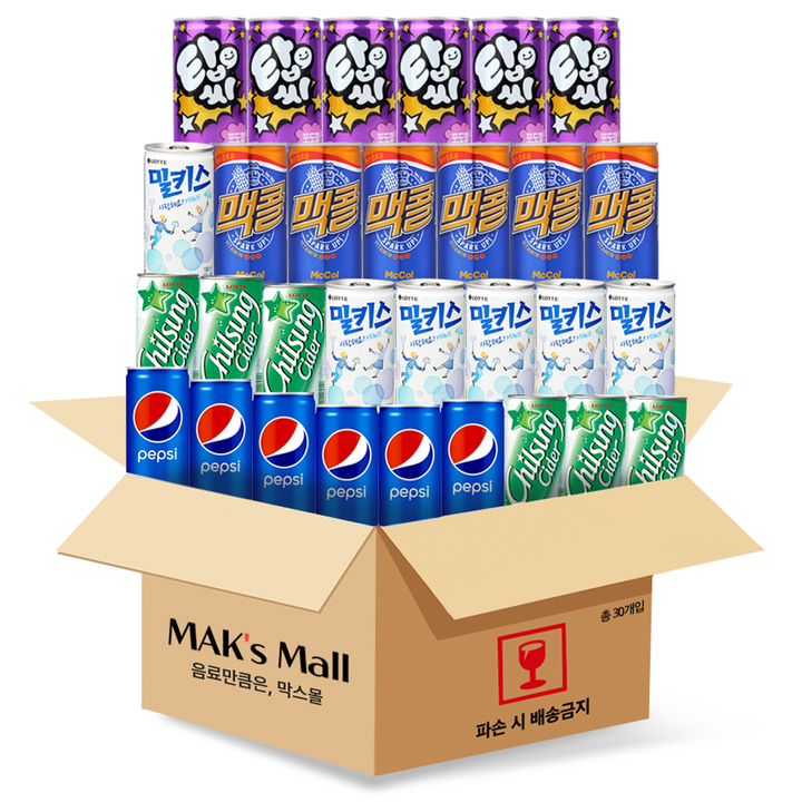 한모금 탄산 펩시콜라 칠성사이다 밀키스 맥콜 탑씨 포도 미니 캔음료 음료수, 30개, 190ml