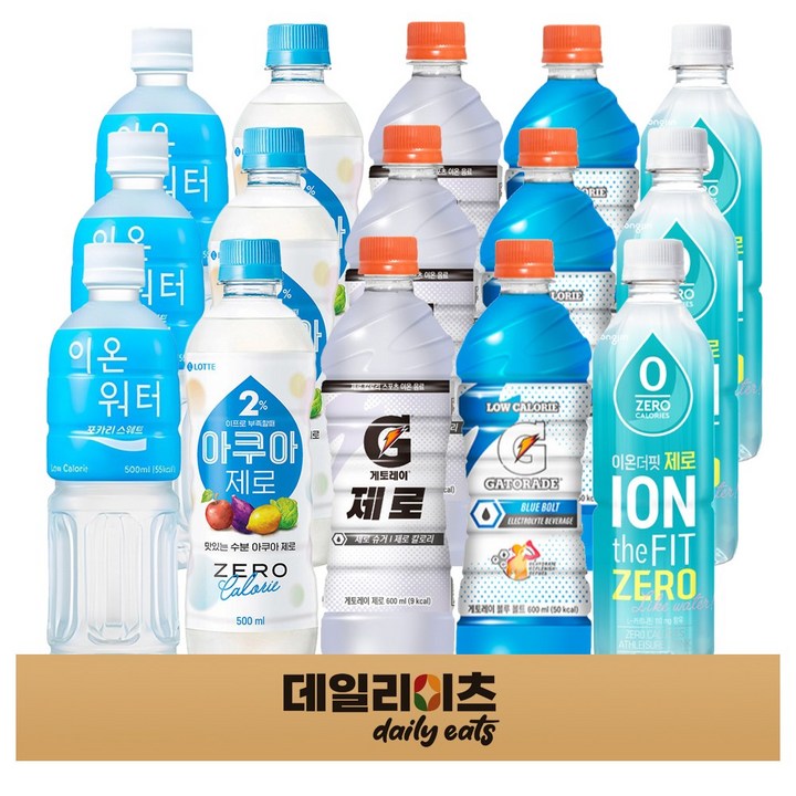 [데일리이츠] 제로칼로리 저칼로리 스포츠 이온음료 페트 5종류 15개 (포카리 이온워터 이프로 아쿠아제로 게토레이제로 게토레이 블루볼트 이온더핏제로), 1박스, 500ml