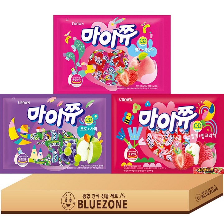 [블루존] 마이쮸 대용량 4종 세트 720g 딸기복숭아 720g 포도사과 720g 딸기핑크리치 720g 새콤달콤스틱 29g 총 2189g