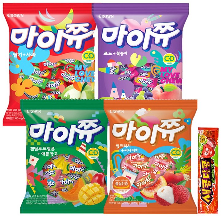 [과자몬스터] 마이쮸 288g 딸기 사과+포도 복숭아+마이쮸 284g 켄털루프멜론 애플망고+핑크리치 써니피치+새콤달콤 29g 딸기, 1세트, 1.173kg