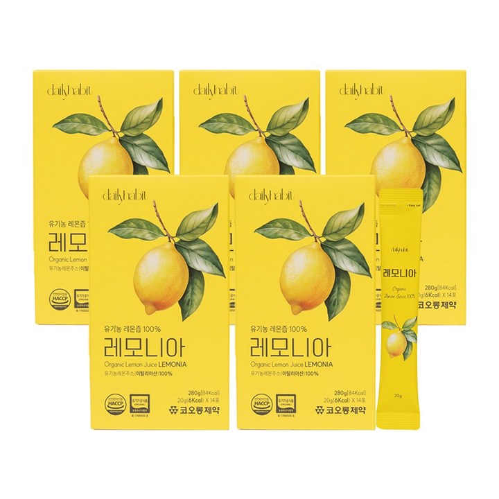 코오롱제약 레모니아 유기농 레몬즙 100% 1일1레몬 NFC 원액 스틱, 280g, 5개