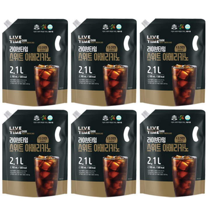 [태웅식품] 라이브타임 더진한 스위트 아메리카노 2100ml 대용량 액상 커피 파우치, 2.1L, 6개