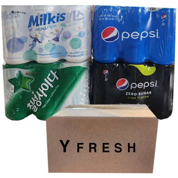 밀키스 190ml x 6 칠성사이다 190ml x 6 펩시콜라 190ml x 6 펩시 제로 슈거 라임향 190ml x 6 + yfresh박스, 1세트