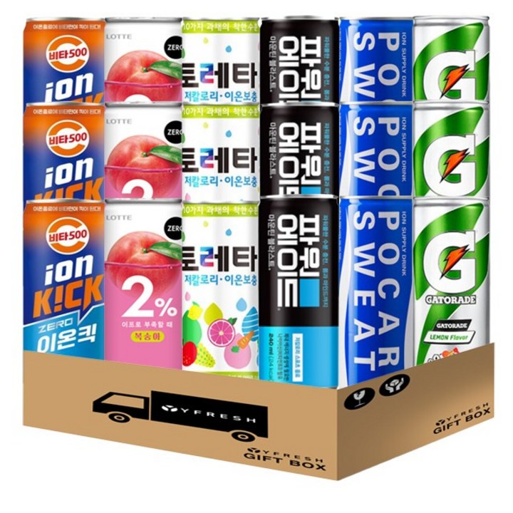 [YFRESH]스포츠 이온음료모음 6종 총18캔(이프로제로 게토레이레몬 포카리 토레타 비타500이온킥 파워에이드), 18개, 240ml