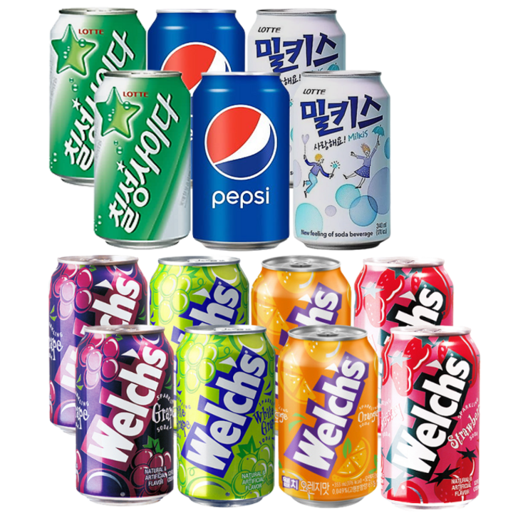 [안녕골목마켓]뚱캔7종_칠성사이다2+펩시콜라2+밀키스2+웰치4종(2개씩), 1세트, 355ml