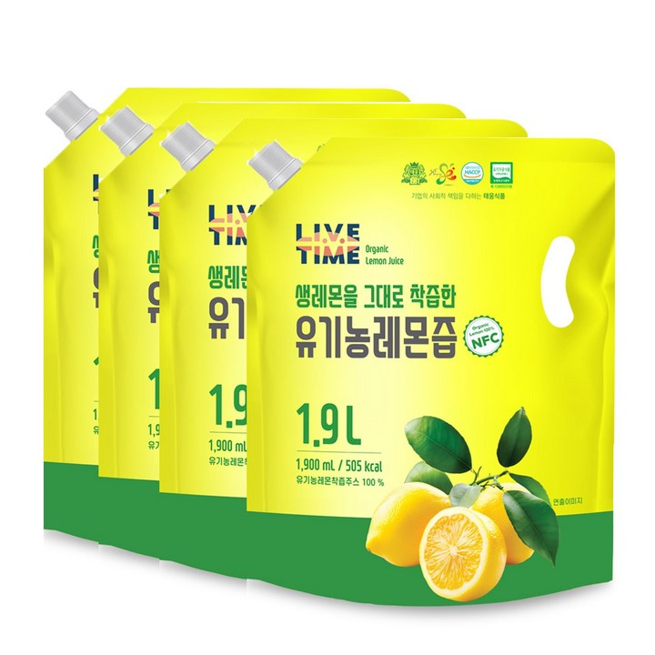 태웅식품본사 라이브타임 'NFC 착즙 유기농레몬즙 100%' '스페인산 유기농 무첨가 레몬즙 100%' '속편한 아침 레몬수' '다이어트 디톡스' '비타민C 충전', 4개, 1.9L