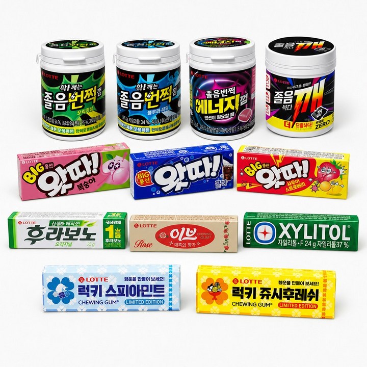 졸음껌 츄잉껌 12종세트(후라보노+스피아민트+쥬시후레쉬+자일리톨+왓따 복숭아+왓따 콜라+ 왓따 사우어스트로베리+이브로즈+졸음번쩍껌 오리지널+졸음번쩍껌 울트라파워+졸음번쩍 에너지껌), 1세트, 540g