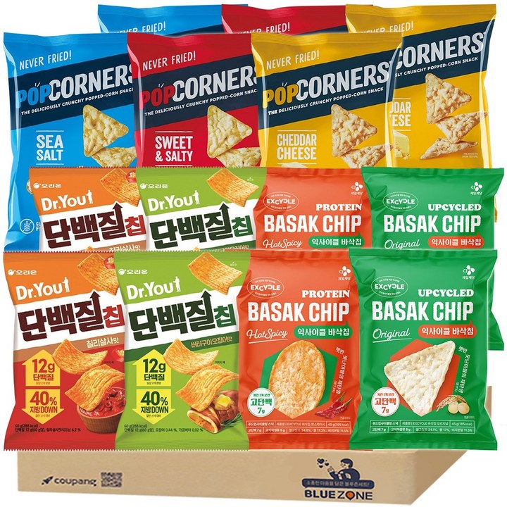 [블루존] 단백질스낵칩 14개입 오리온 닥터유 단백질칩 60g(칠리살사맛+버터구이 오징어맛)+바삭칩 45g(오리지널+핫스파이시)+팝코너스 28g(스윗앤솔트+씨솔트+체다치즈)X2, 14개, 28g