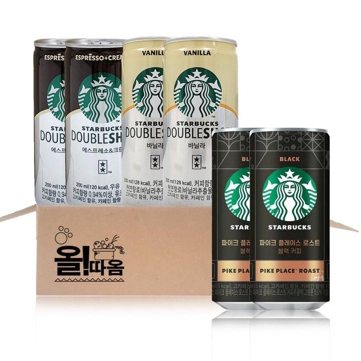 스타벅스 200ml 캔커피 3종기획세트 13호(더블샷 에스프레소&크림2+파이크플레이스 로스트블랙2+바닐라2), 6개
