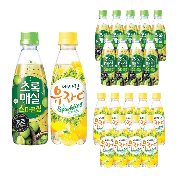 웅진 초록매실 스파클링 10 + 내사랑유자C 스파클링 10 2종 혼합, 20개, 350ml