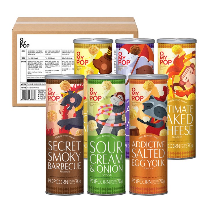 오마이팝 팝콘 종합 SET (카라멜+코코아+치즈+바베큐+어니언+에그), 6개, 70g