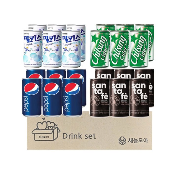 [새늘모아] 캔음료 세트 (펩시콜라 6캔 칠성사이다 6캔 산타페 6캔 밀키스 6캔)/박스포장, 1세트, 4.47L