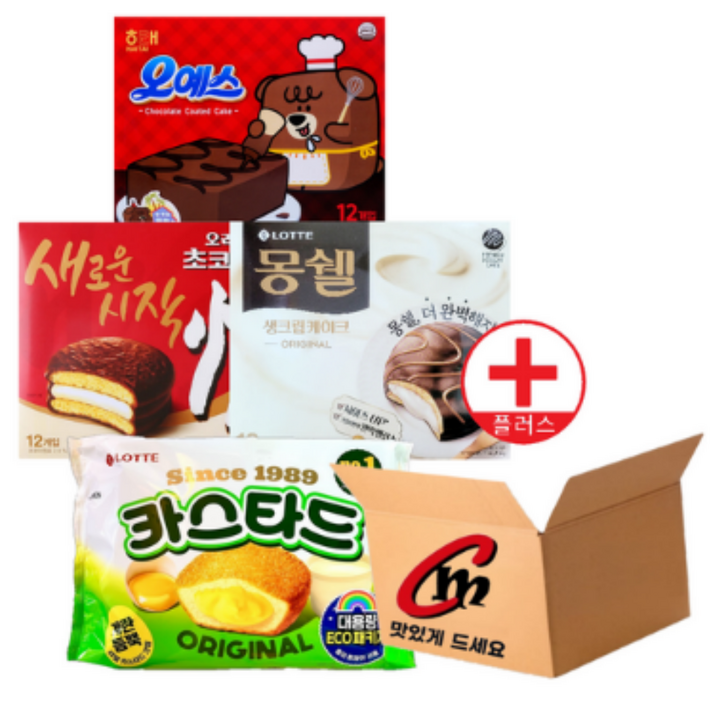 cm몰 전용 박스 + 파이모음 (오리온초코파이468g 1개+오예스360g 1개+롯데카스타드230g 1개+몽쉘통통크림408g 1개), 1세트, 1.466kg