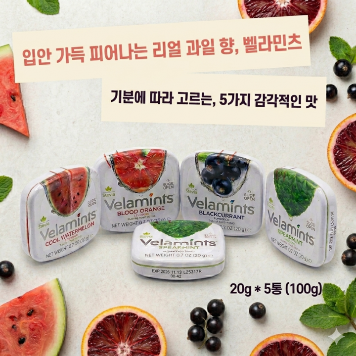 [결이담다] 벨라민츠 후레쉬 캔디 4가지맛 20g 혼합(수박맛 블러드오렌지 블랙커런트 스피어민트), 1개, 100g