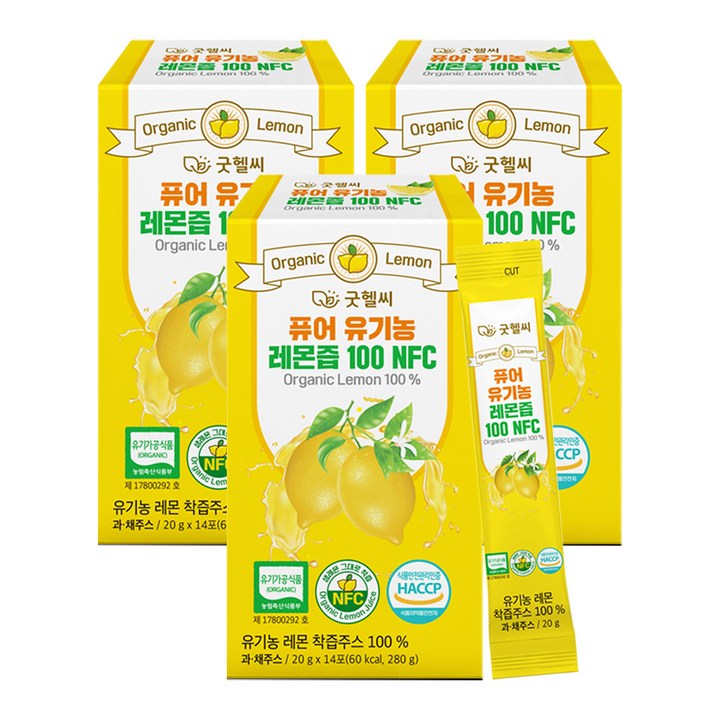 퓨어 유기농 레몬즙 100 NFC 스페인산 유기농 레몬즙 레몬수 원액 스틱, 20g, 42개