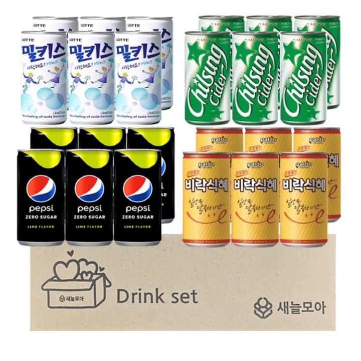 [새늘모아]캔음료 세트 (펩시제로 6캔 칠성사이다 6캔 비락식혜 6캔 밀키스 6캔)/박스포장, 1세트, 4.47L