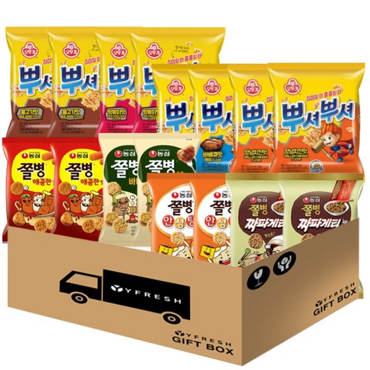 쫄병스낵 뿌셔뿌셔 라면 스낵모음 8종 + YFRESH박스, 16개, 77g