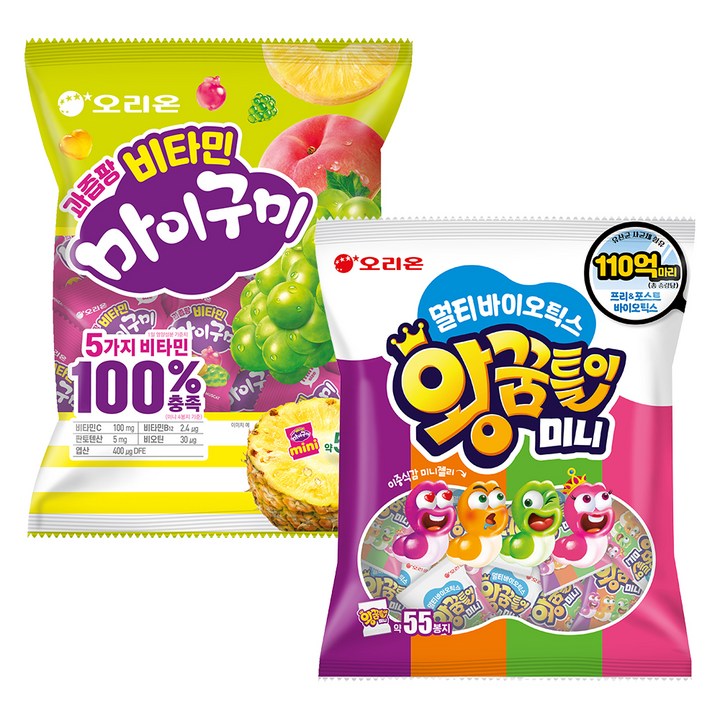 오리온 멀티바이오틱스 왕꿈틀이 미니 55개입 577.5g 1개 + 마이구미 미니 과즙팡 비타민 54개입 529.2g 1개, 1세트, 1g