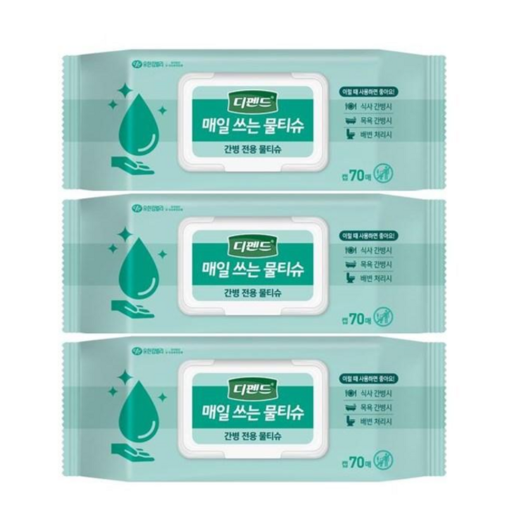 디펜드 매일 쓰는 물티슈 캡형 70매X1팩 /간병전용물티슈 /목욕대용물티슈 /물티슈, 43g, 70매입, 3개
