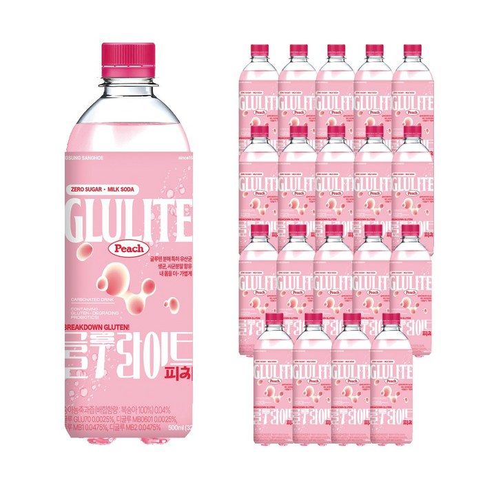글루라이트 제로 탄산음료 밀크소다 피치 복숭아, 20개, 500ml