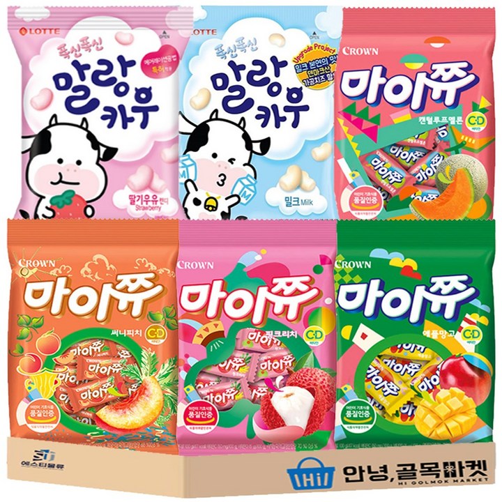 젤리 6종 세트 ( 마이쮸 핑크리치 + 애플망고 + 써니피치 + 켄털루프멜론 + 말랑카우 밀크 + 딸기우유 ) 개별 포장, 1세트, 100g