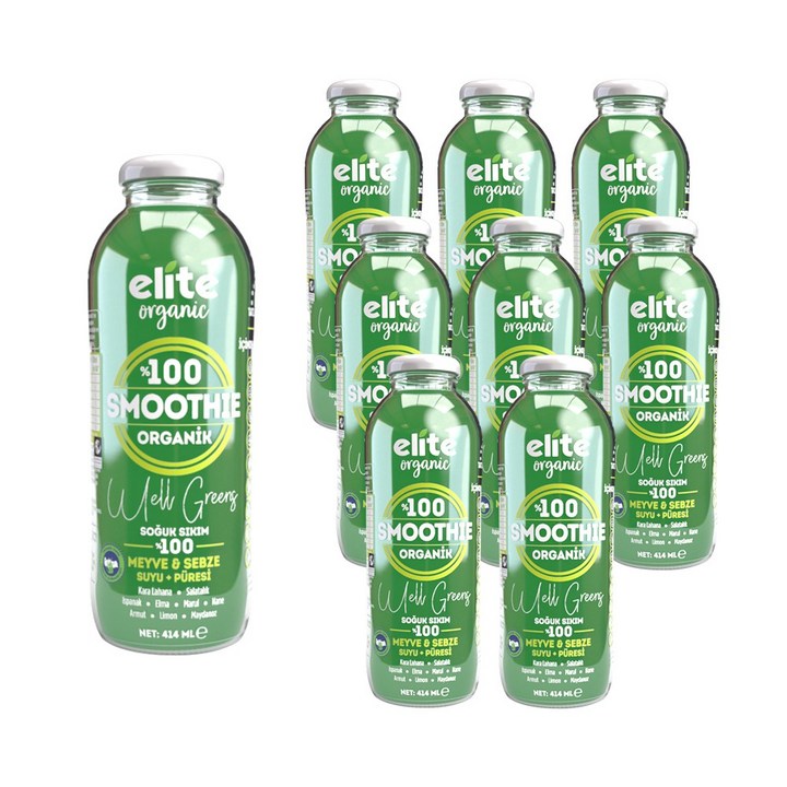 엘리트 오가닉 웰 그린 스무디 유기농 NFC 100% 착즙 주스 케일 오이 시금치, 9개, 414ml