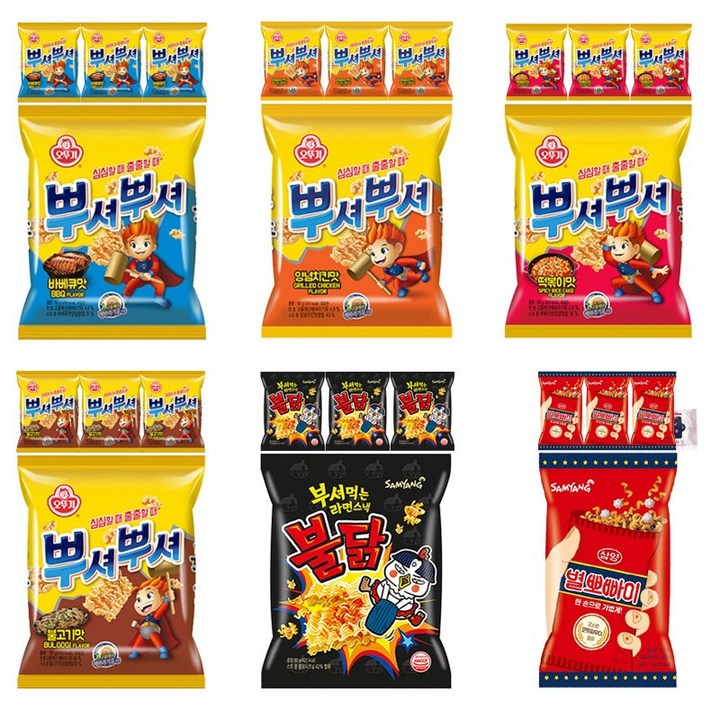 라면스낵 6종 세트 (뿌셔뿌셔 양념치킨맛 4p + 불고기맛 4p + 떡볶이맛 4p + 바베큐맛 4p + 부셔먹는 라면스낵 불닭4p + 별뽀빠이4p), 1세트