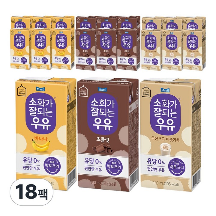 매일유업 소화가 잘되는 우유(바나나6 초콜릿6 미숫가루6), 1개, 190ml, 1개