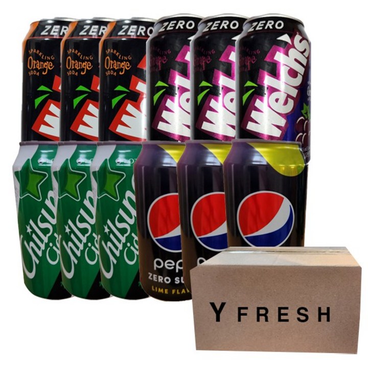 YFRESH)펩시제로 슈거 라임향 355ml x 3 칠성사이다 제로 355ml x 3 웰치제로 그레이프맛 355ml x 3 웰치제로오렌지맛 355ml x 3 +YFRESH박스, 1set