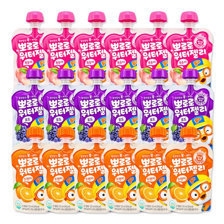 어린이음료세트 뽀로로 워터젤리(복숭아6+포도6+오렌지6), 360ml, 6세트