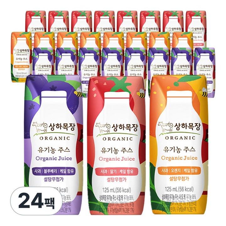 상하목장 유기농주스 125ml 3종 각8팩 (총24팩), 24개, 딸기+오렌지+블루베리