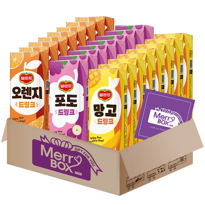 [메리박스] 델몬트 드링크 팩주스 {오렌지8+망고8+포도8}+메세지카드, 190ml, 1박스