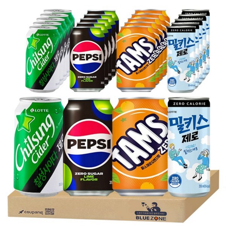 블루존 제로음료 4종 세트 (칠성사이다6개+펩시6개+탐스오렌지6개+밀키스6개), 250ml