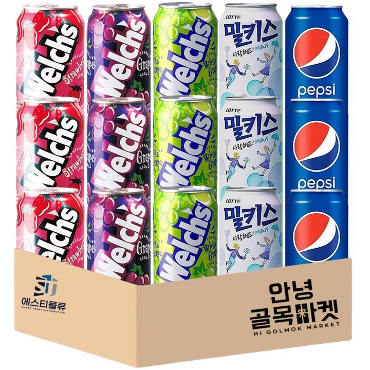 [안녕골목마켓] 웰치스 포도3+청포도3+딸기3+펩시 콜라3+밀키스3, 1세트, 355ml