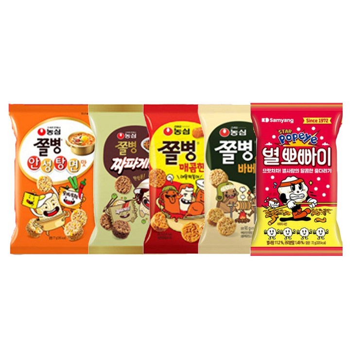 농심 쫄병스낵 안성탕면맛 +쫄병스낵 짜파게티 +쫄병스낵 매콤한맛 +쫄병스낵 바베큐맛 +삼양 별뽀빠이 2개씩, 796g, 1세트