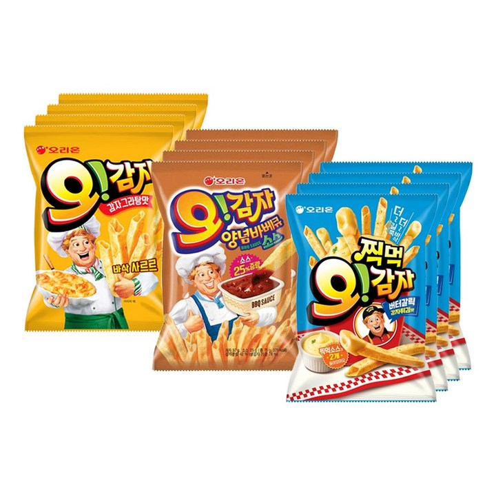 오감자 3종 찍먹 버터갈릭감자튀김맛 64g+양념바베큐 75g+오감자 그라탕 50g, 4세트, 189g