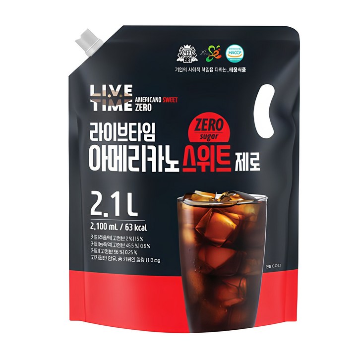 태웅식품본사 라이브타임 아메리카노 스위트 제로 '무설탕 제로칼로리 대용량 커피 음료' '무설탕인데도 달콤한 제로 칼로리 커피의 정석' '대용량팩으로 홈카페 10잔!'', 2.1L, 1개