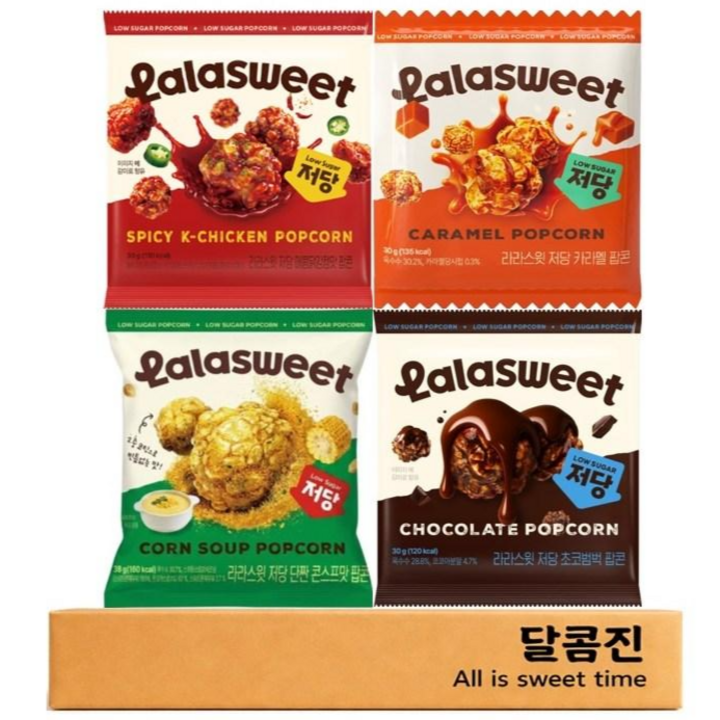 [달콤진] 라라스윗 저당 단짠 콘스프맛 + 초코범벅 + 매콤닭강정맛 + 카라멜 팝콘, 128g, 1세트