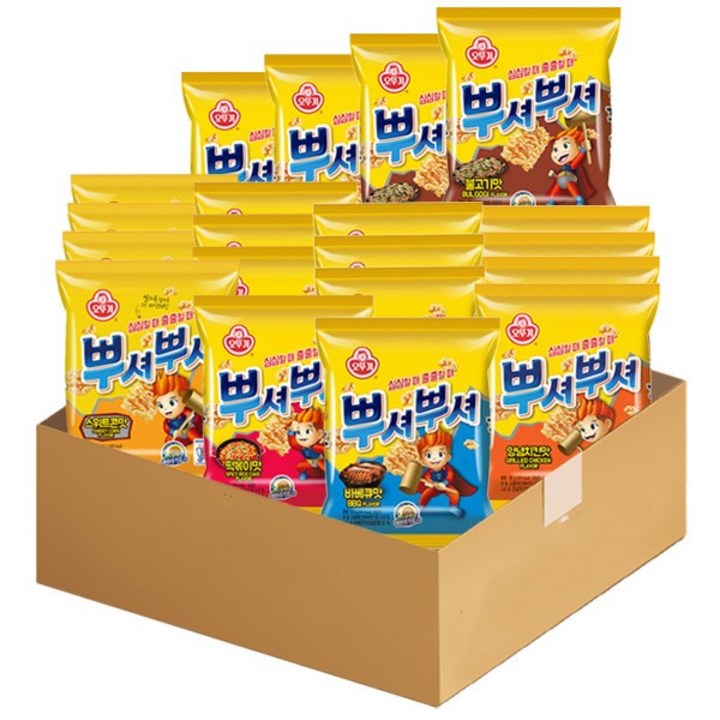 블루존오뚜기 뿌셔뿌셔 5가지맛 20개입 양념치킨4 + 떡볶이4 + 불고기4 + 바베큐4 + 스위트콘4123381118, 1세트, 90g