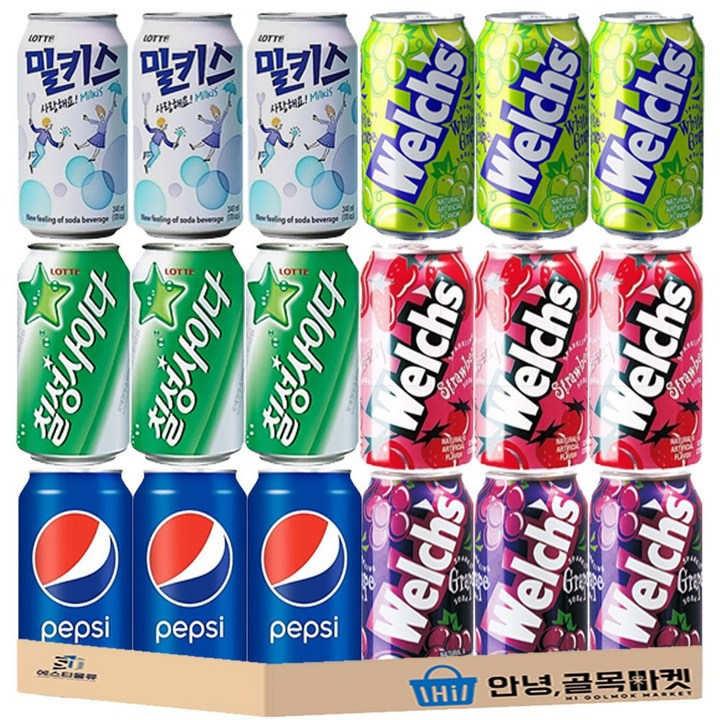 웰치스 그레이프맛 + 웰치스 화이트그레이프맛 + 웰치스 스트로베리맛 + 펩시콜라 + 칠성사이다 + 밀키스, 18개, 355ml