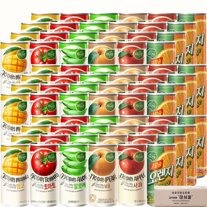 마셔몰 주스세트 자연은망고 알로에 토마토 오렌지 사과 배 6가지맛 각4캔씩, 72개, 180ml