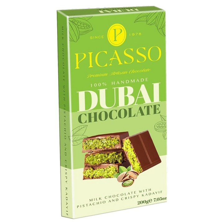 피카소 두바이 초콜릿 피스타치오 카다이프 수제 초콜렛 바삭한 HALAL Dubai Chocolate, 1개, 200g