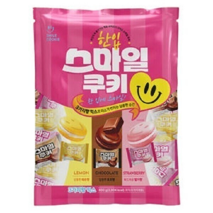 한입 스마일 샌드쿠키 세가지맛(초코 레몬 딸기) 믹스 대용량 개별포장(약 160개입) 과자, 1개, 800g