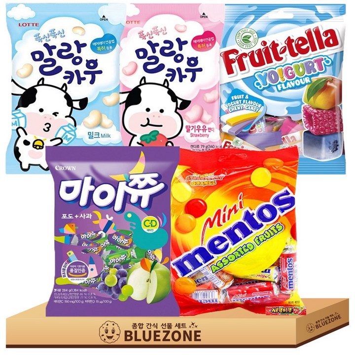 꼬꼬마 캔디젤리 A세트 말랑카우우유1 말랑카우딸기1 멘토스 미니푸르티1 마이쮸 포도1 후르트텔라1 하스1, 1세트, 79g