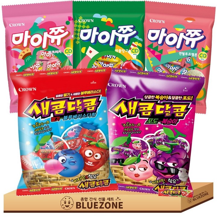 츄잉젤리 대용량 B세트 마이쮸핑크리치1 마이쮸애플망고1 마이쮸캔털루프멜론1 새콤달콤딸기블루베리소다1 새콤달콤포도복숭아1 하스1, 1박스, 729g