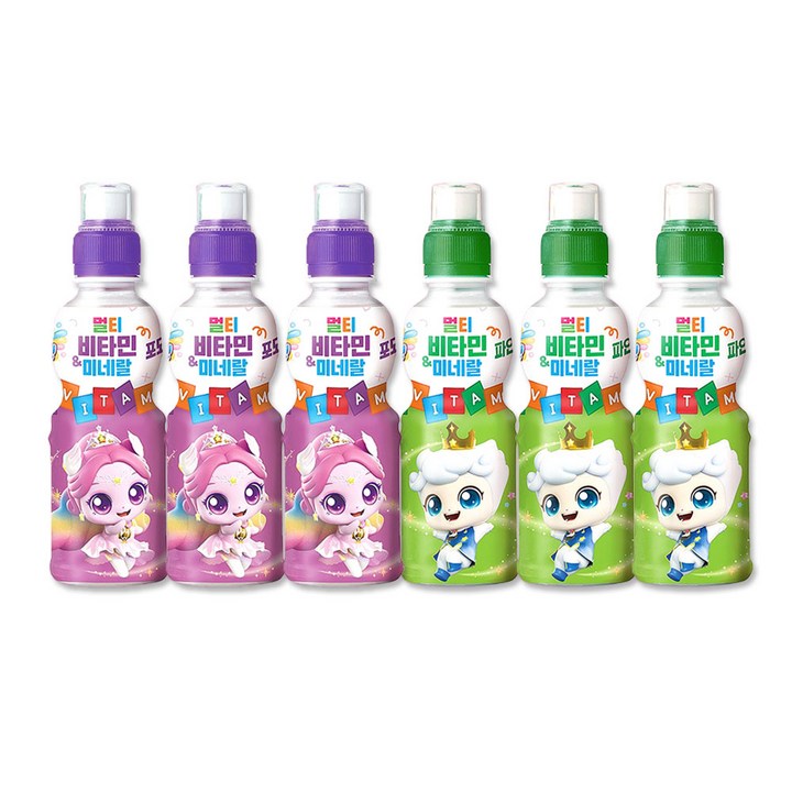 캐치티니핑 멀티비타민 미네랄 음료수 오로라 포도3개+왕자 파인애플3개, 6개, 200ml