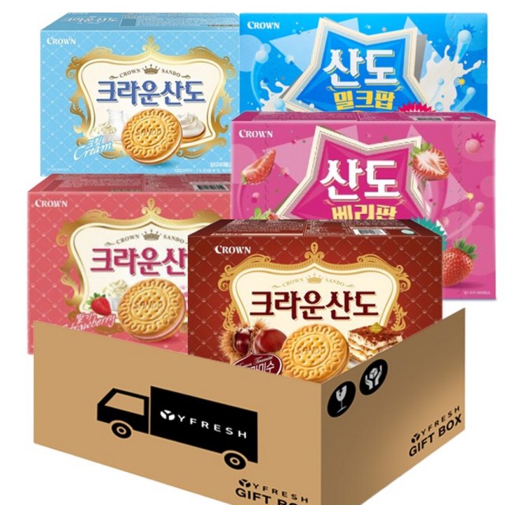 [YFRESH]크라운산도세트(딸기 밀크 밤티라미수 베리팝 밀크팝)323g + YFRESH박스, 323g, 1개