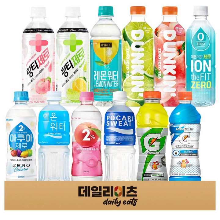 [데일리이츠] 스포츠 비타민 이온음료 페트 12종 (포카리스웨트 이프로 이프로 아쿠아제로 이온워터 링티제로 던킨아이스티제로 이온더핏제로 게토레이 데일리씨 등), 1박스, 500ml