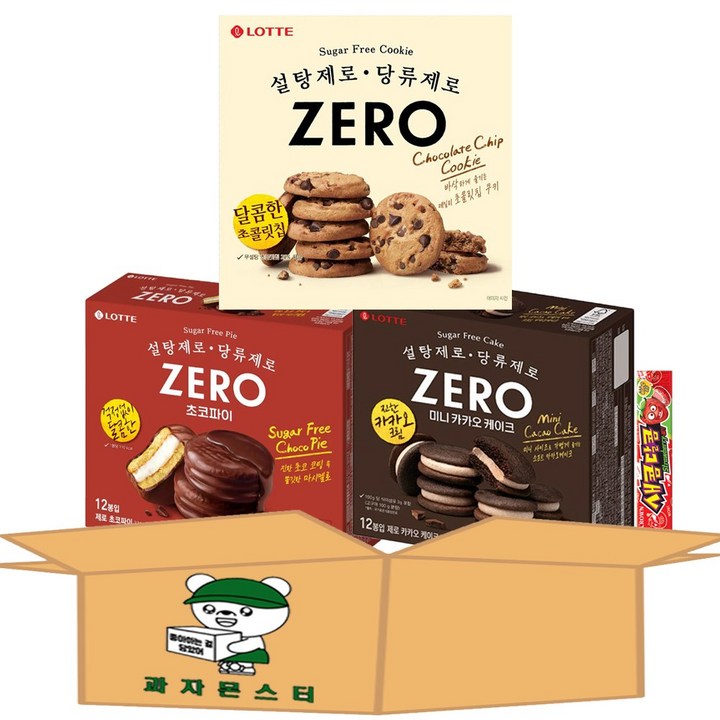 [과자몬스터] 제로 초코파이+제로 초콜릿칩쿠키+ 제로 카카오케이크+새콤달콤 딸기, 1세트, 704g