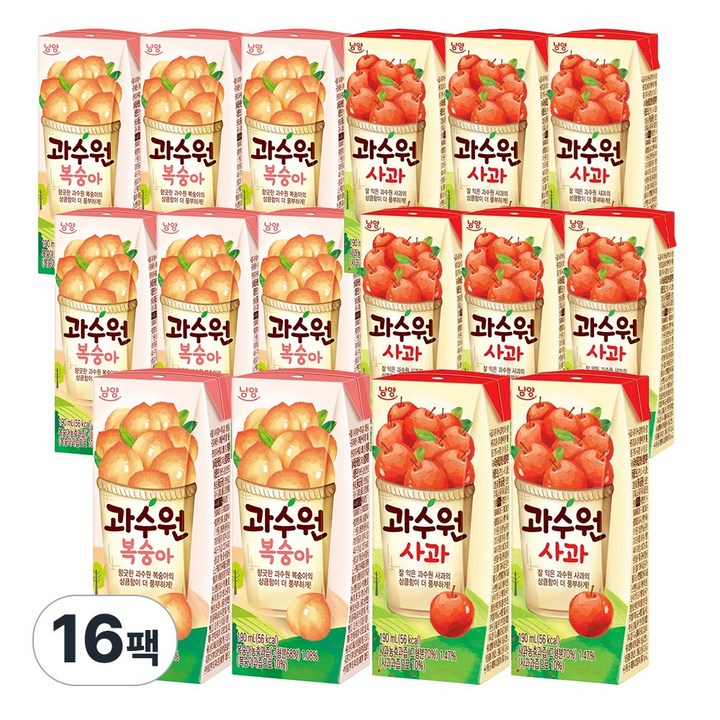 과수원 2종 각8팩 (총16팩) 사과8+복숭아8, 190ml, 1세트